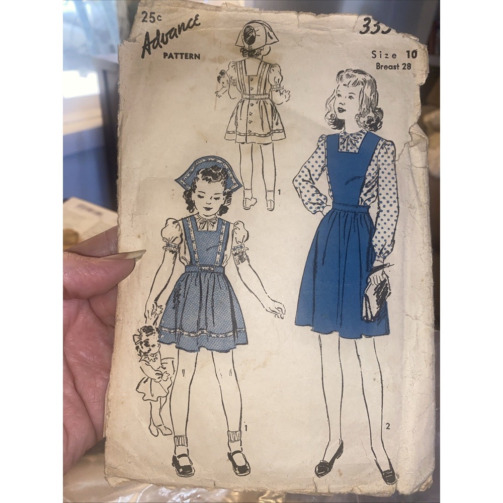 1940s Advance Pinafore Hat Blouse Sewing Pattern 3330 Girls Size 10 Cut Complete